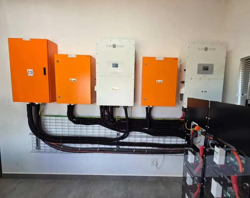 Two Sunsynk hybrid inverters between three orange DC boxes on a wall, with neat black cabling running to a battery stack